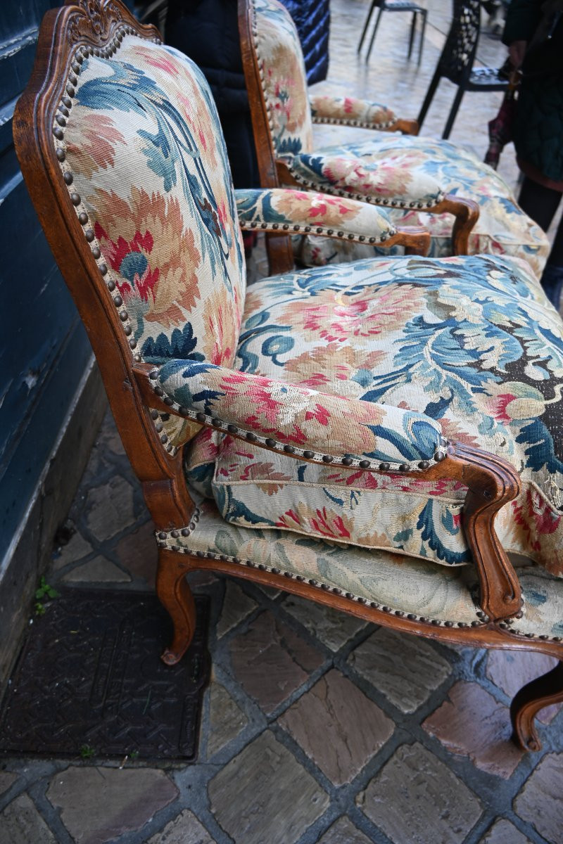 Pair Of Beautiful Queen Anne Armchairs Upholstered In 18th-century Pointillist Tapestries-photo-4