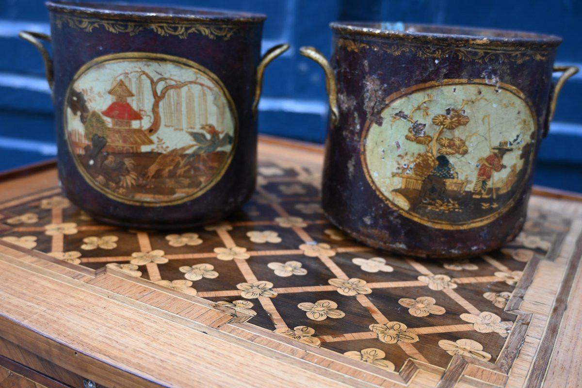 Paire de cache-pot à deux anses en tôle peinte du XVIII-photo-4