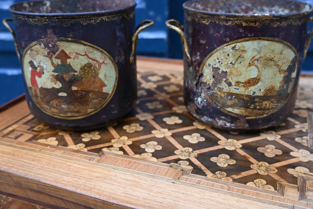 Paire de cache-pot à deux anses en tôle peinte du XVIII-photo-3