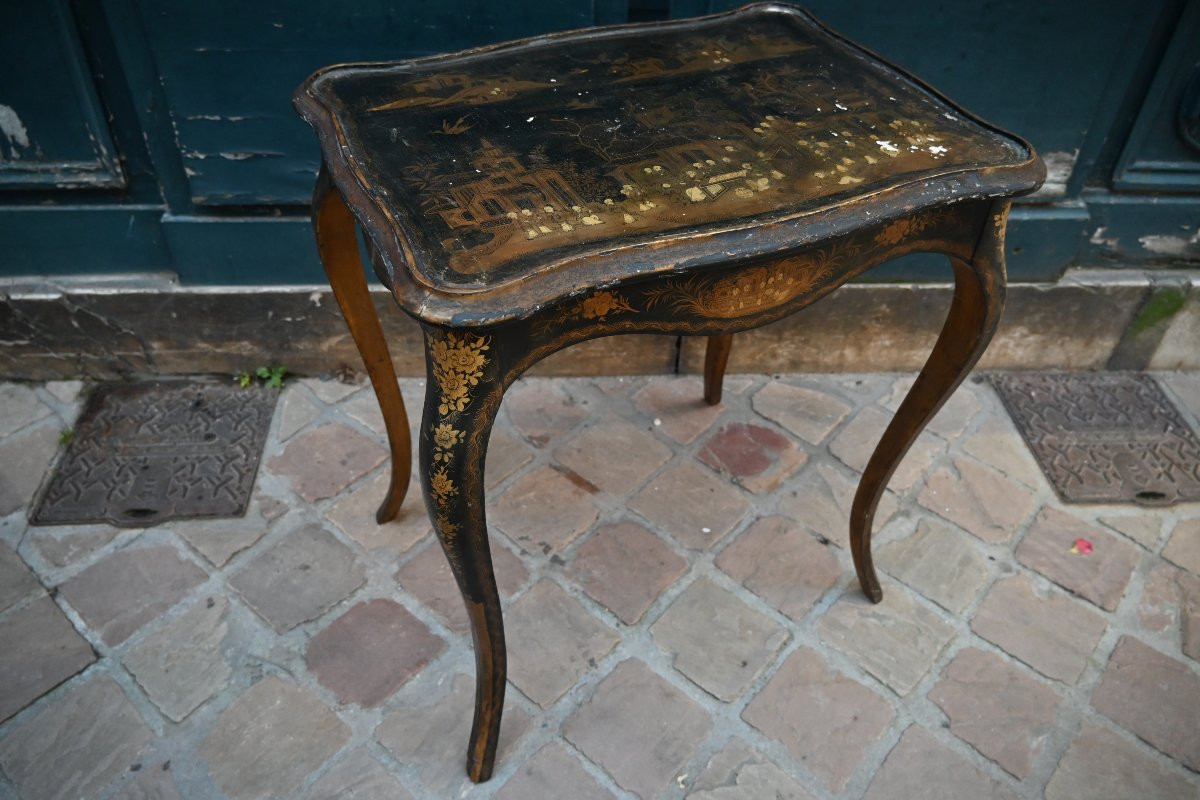 Table en cabaret en vernis noir et or laque de Chine de style Louis XV-photo-2