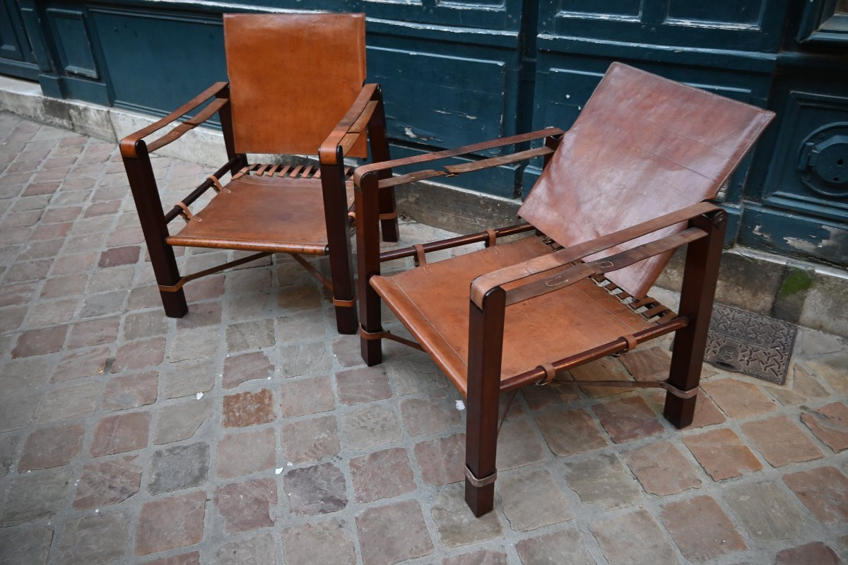 paire de fauteuil en cuir , genre Savane   , travail du XX-photo-4
