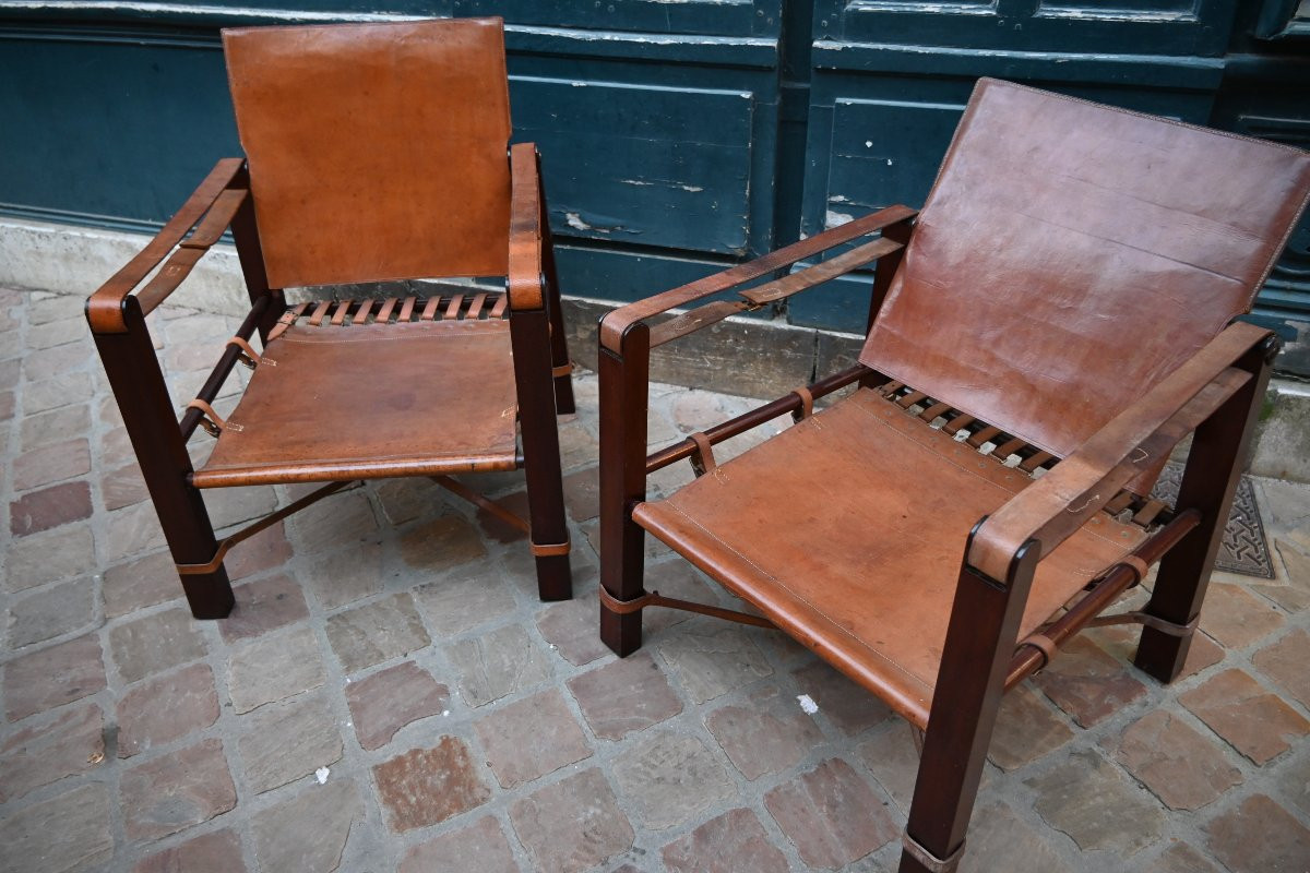 paire de fauteuil en cuir , genre Savane   , travail du XX-photo-6
