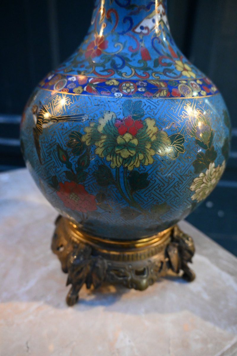 Lampe en cloisonné à décor d oiseaux branchés XIX-photo-3