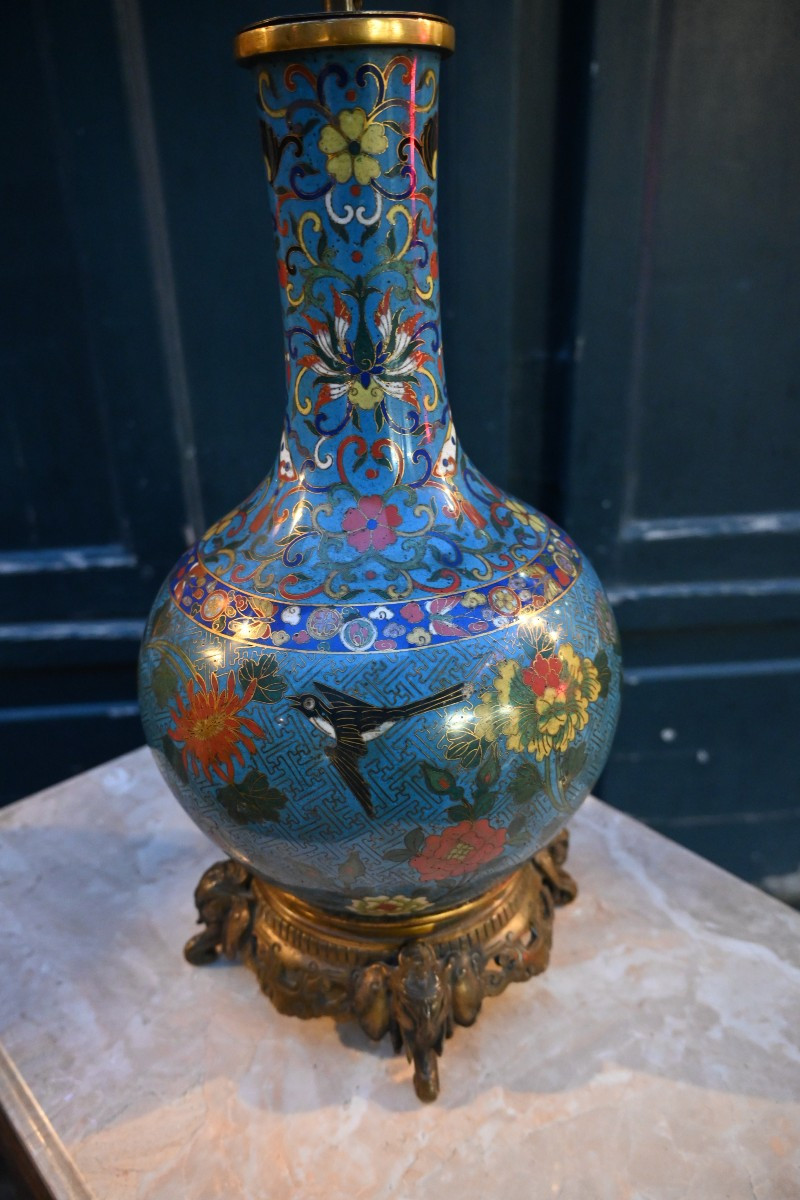 Lampe en cloisonné à décor d oiseaux branchés XIX