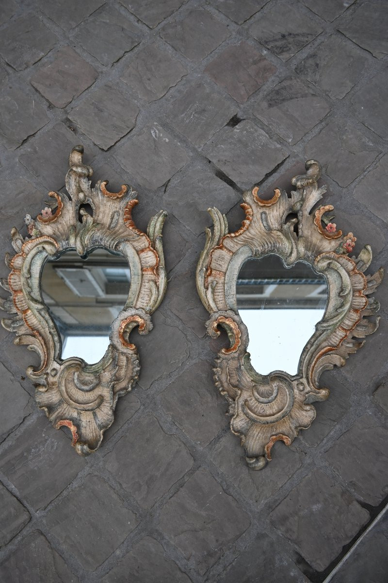 Pair Of Polychrome Painted Baroque Mirrors, Italy, 18th Century, Naples-photo-4