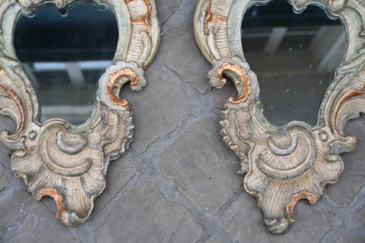 Pair Of Polychrome Painted Baroque Mirrors, Italy, 18th Century, Naples