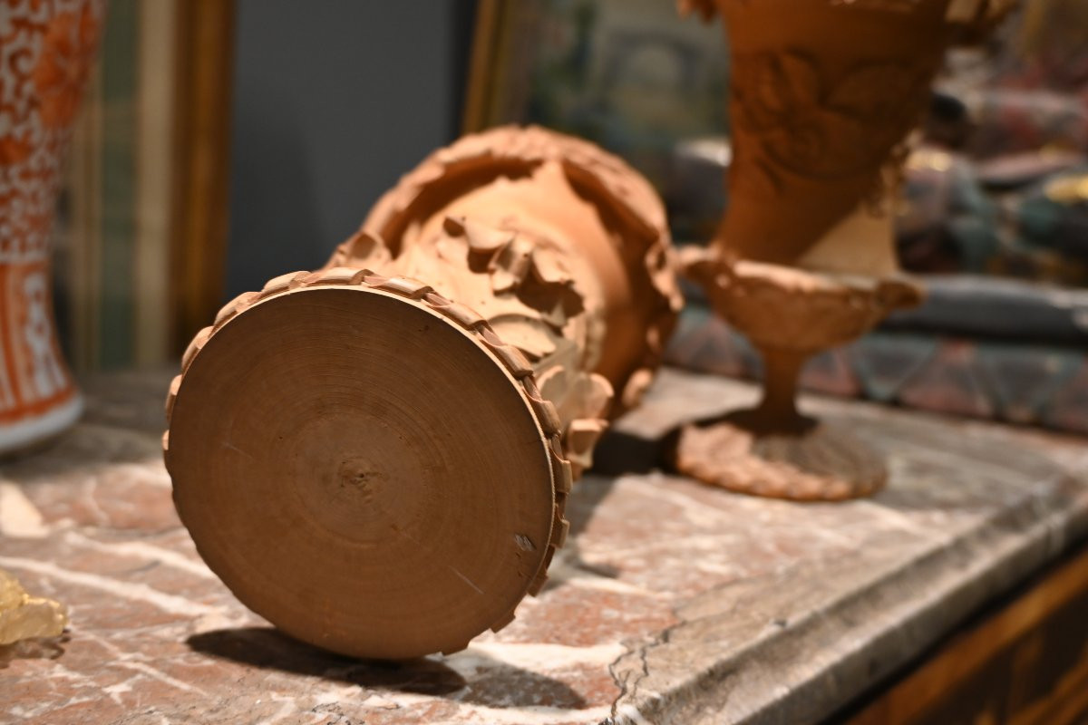 Pair Of Finely Carved Wooden Vases, 19th Century-photo-2