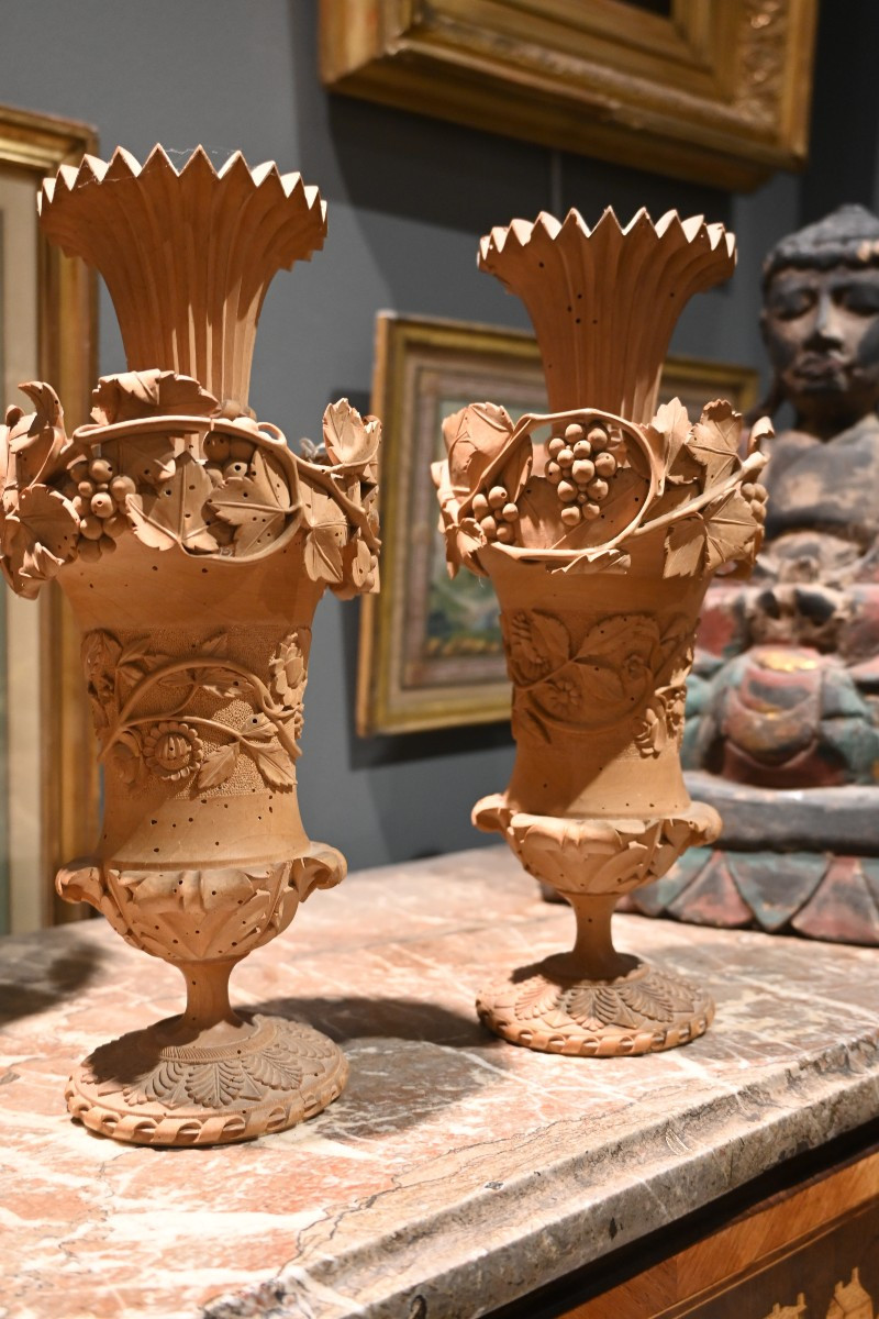 Pair Of Finely Carved Wooden Vases, 19th Century