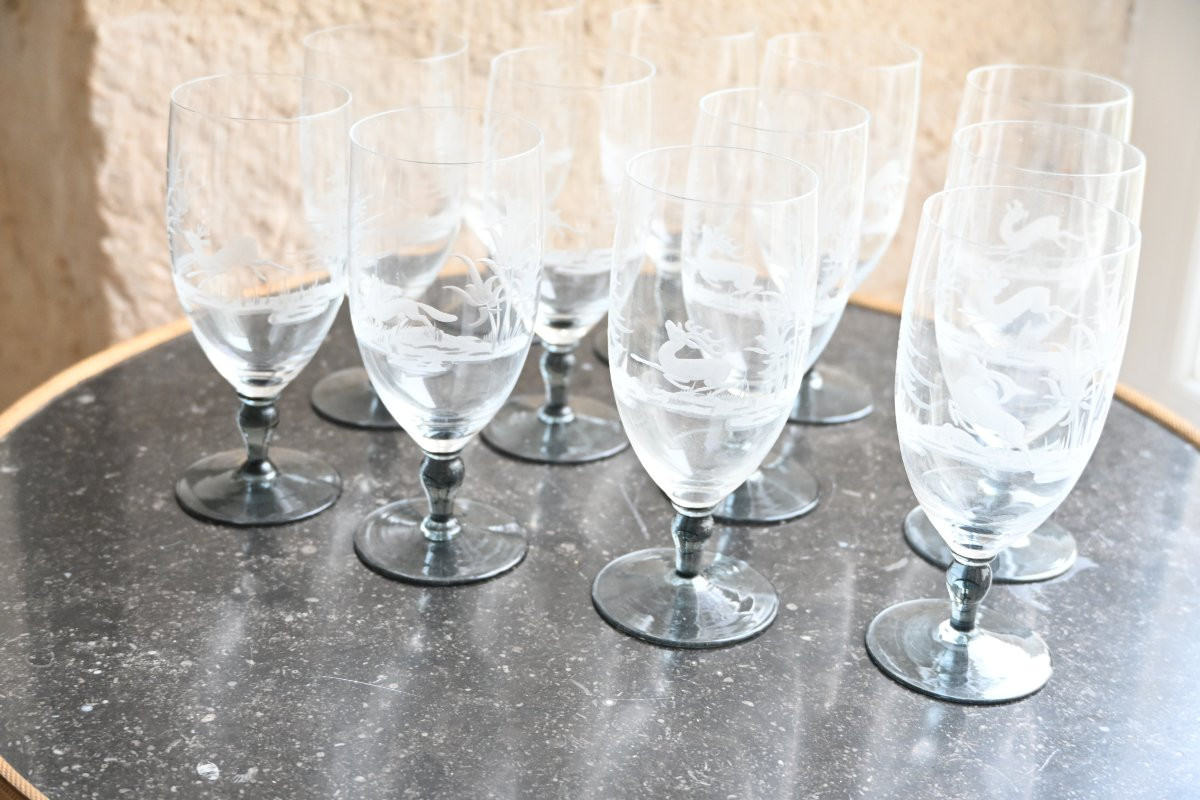 Hunting, Set Of 12 Engraved Crystal Glasses-photo-2