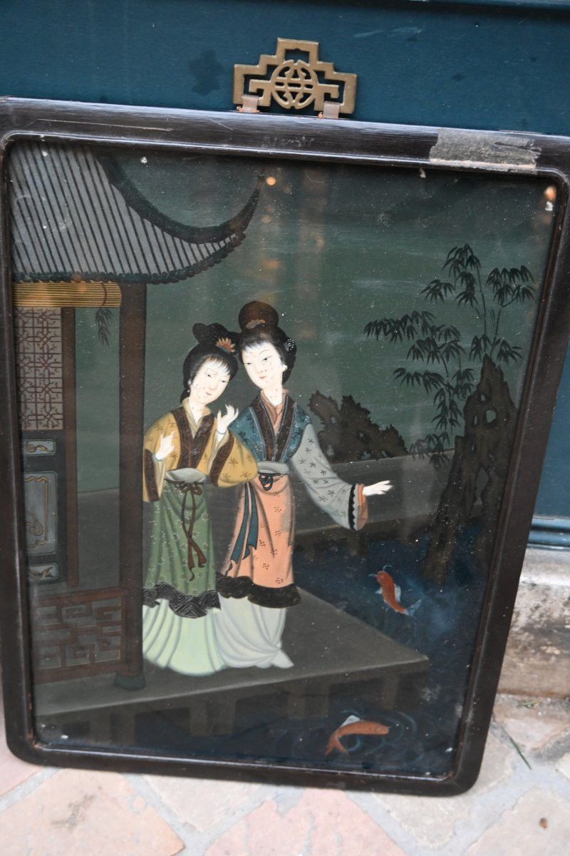 Suite de trois verres églomisés à décor de  courtisanes  Chine-photo-4