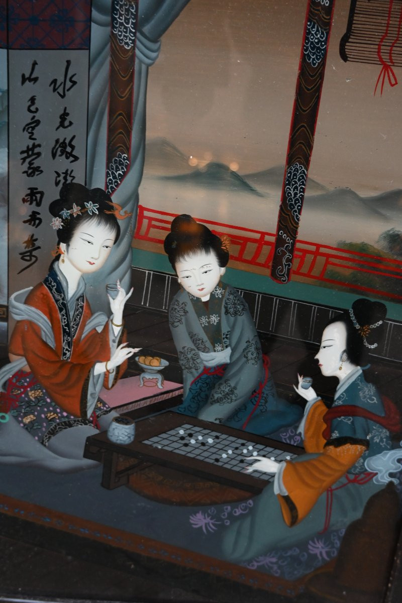 Suite de trois verres églomisés à décor de  courtisanes  Chine-photo-3