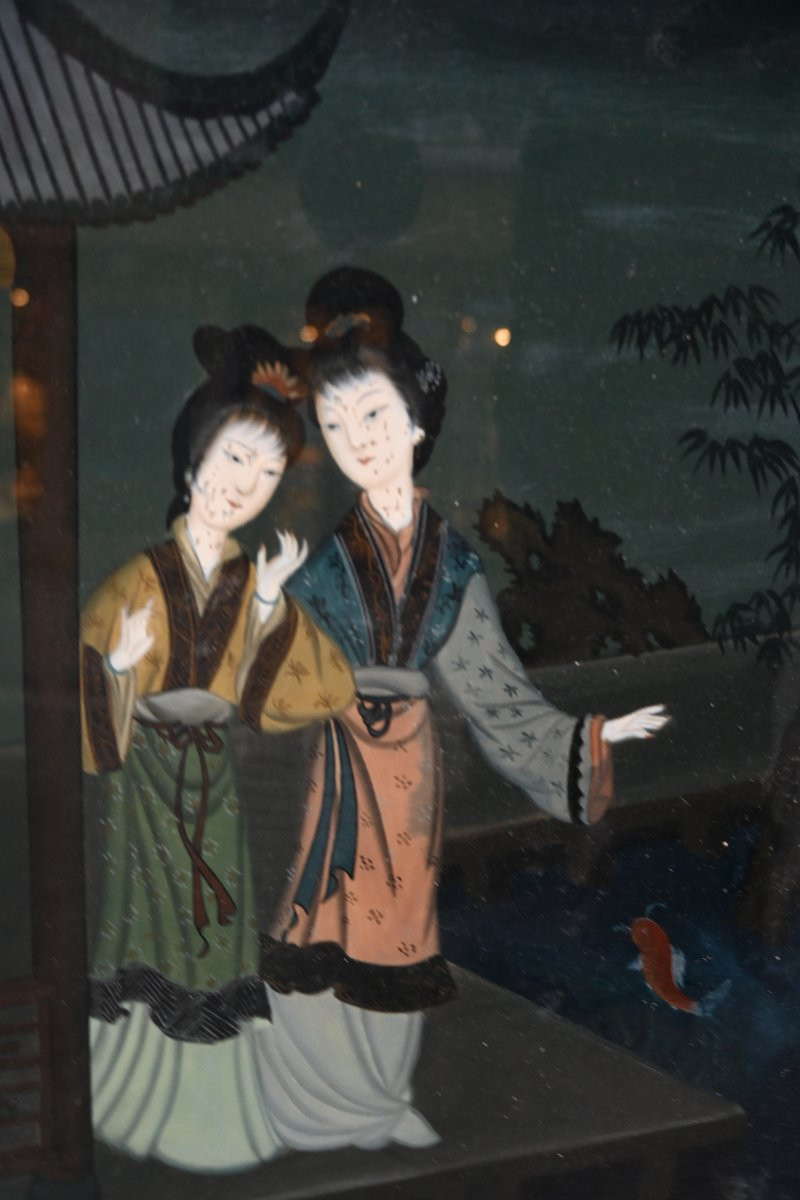 Suite de trois verres églomisés à décor de  courtisanes  Chine-photo-4