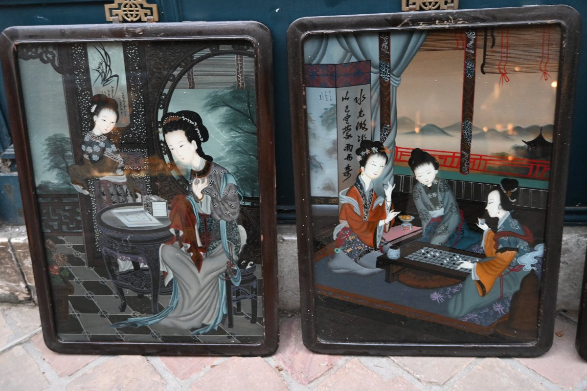 Suite de trois verres églomisés à décor de  courtisanes  Chine-photo-5