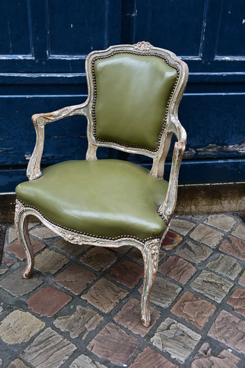 Convertible Armchair In Relacquered Wood And Green Leather Trim, Louis XV-photo-2