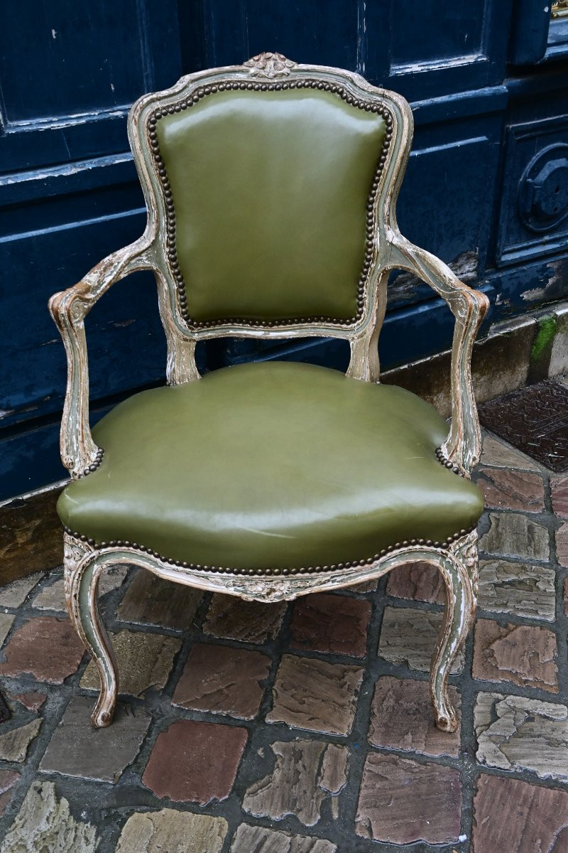 Convertible Armchair In Relacquered Wood And Green Leather Trim, Louis XV-photo-3