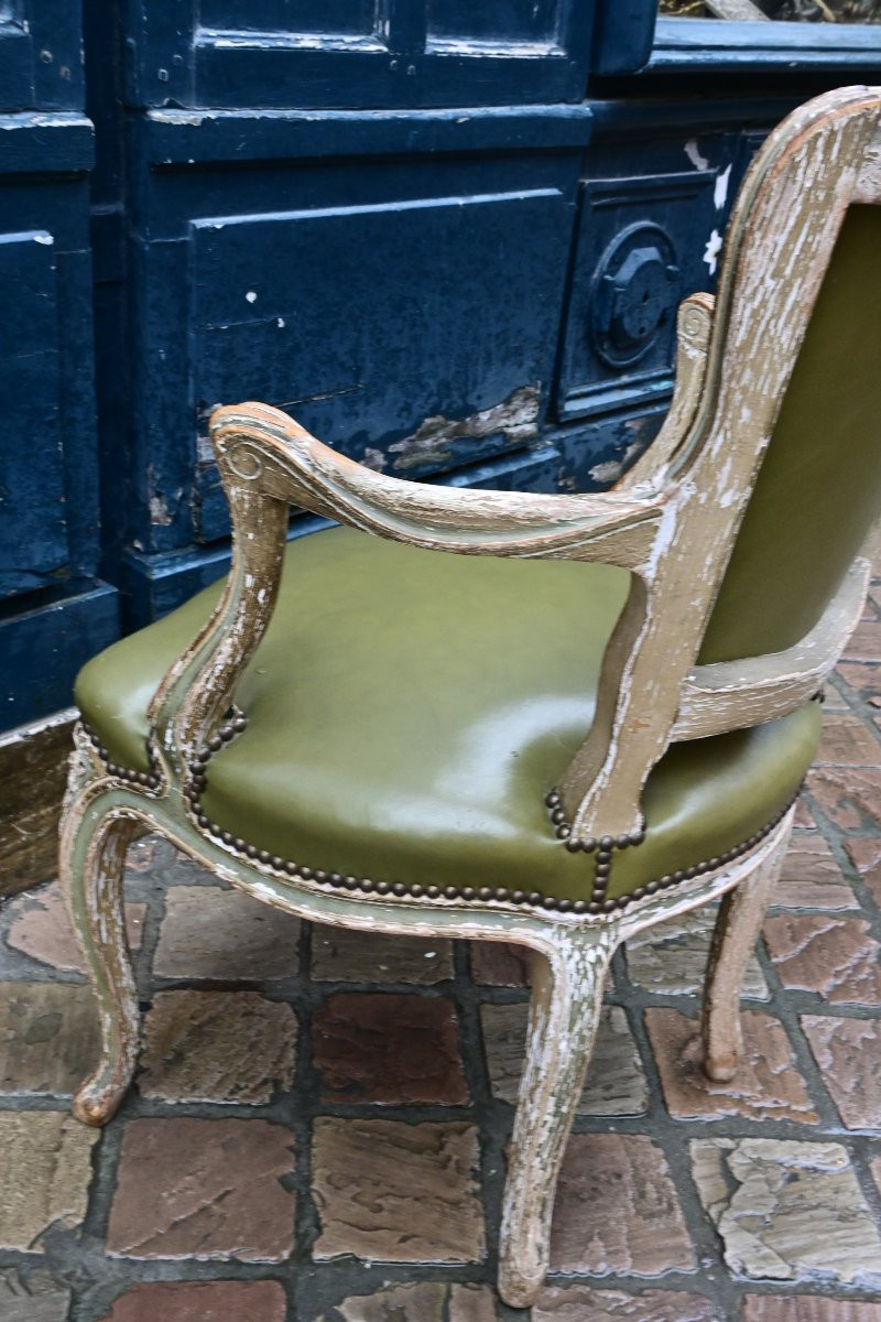 Convertible Armchair In Relacquered Wood And Green Leather Trim, Louis XV-photo-4