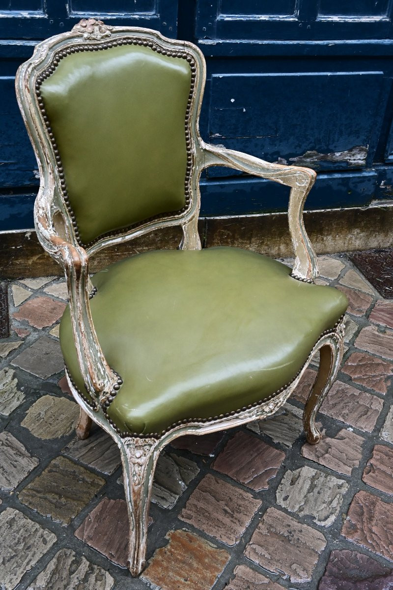 Convertible Armchair In Relacquered Wood And Green Leather Trim, Louis XV-photo-6