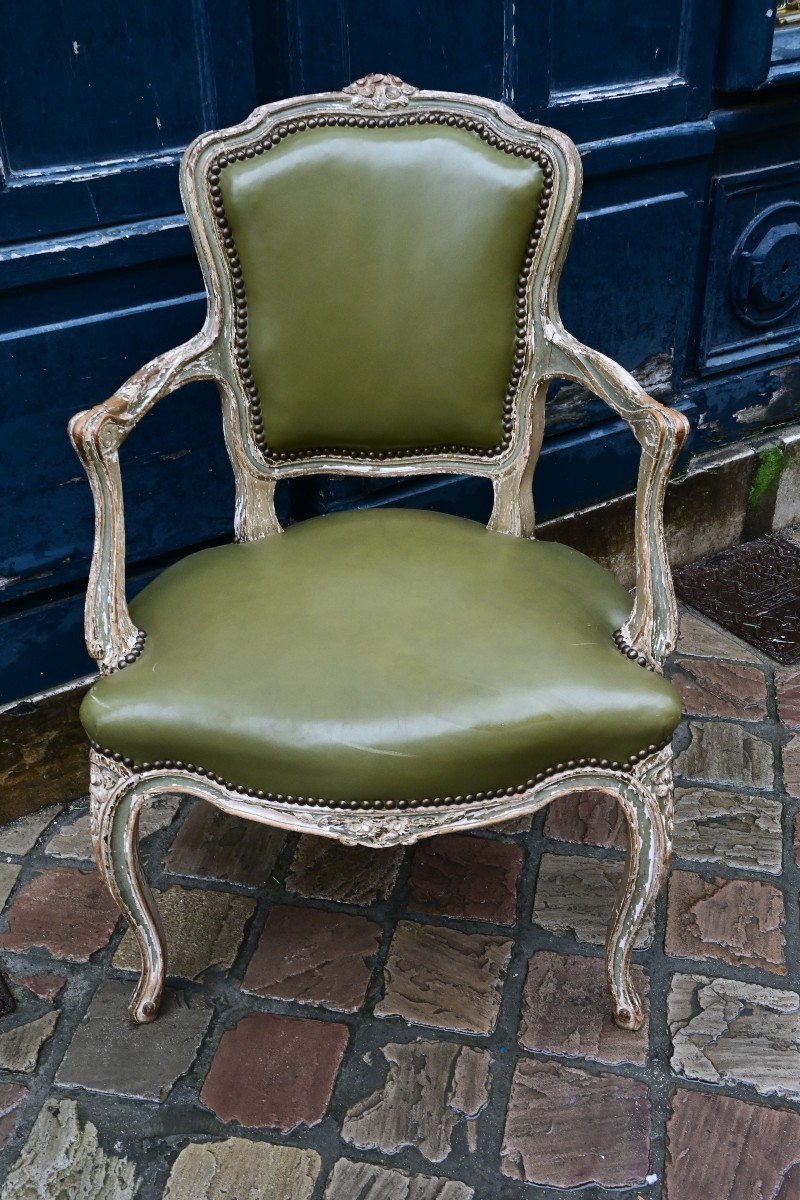 Convertible Armchair In Relacquered Wood And Green Leather Trim, Louis XV
