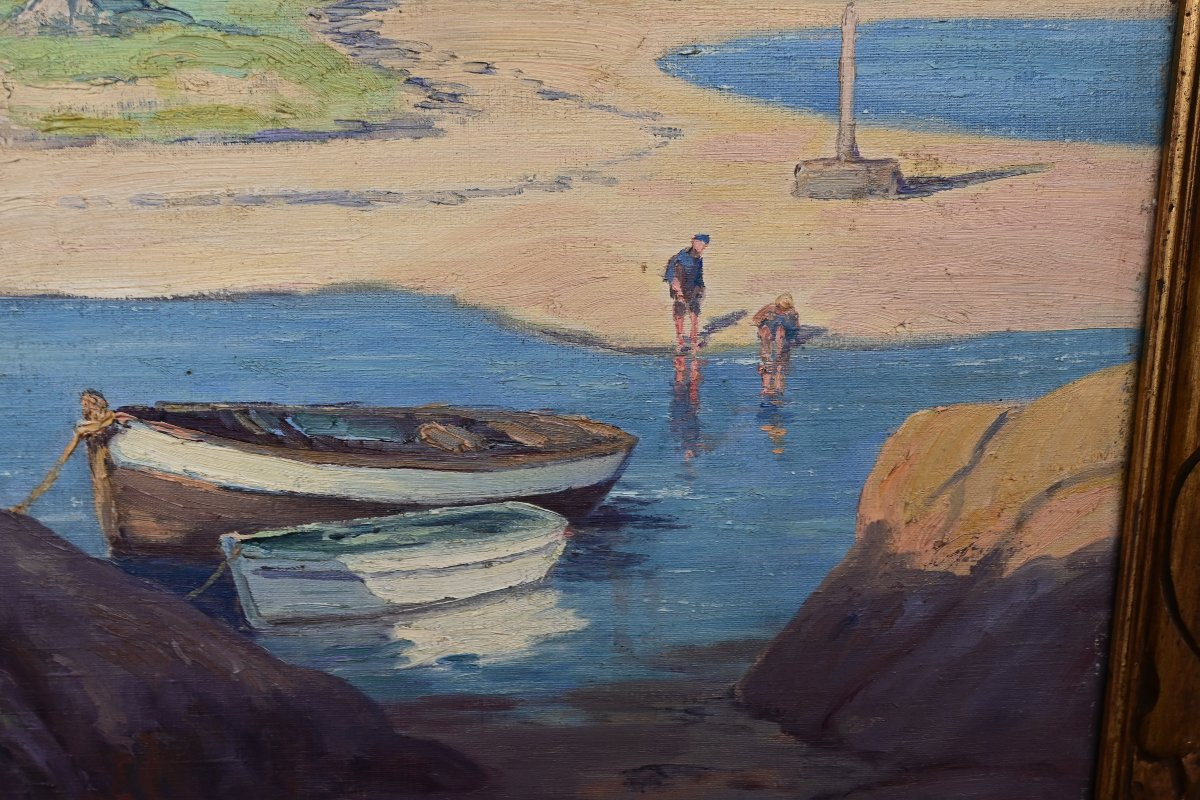 Bretagne , par Gauffriaud "barques à marée basse " huile sur toile -photo-2
