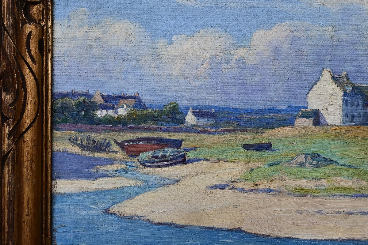 Bretagne , par Gauffriaud "barques à marée basse " huile sur toile -photo-4