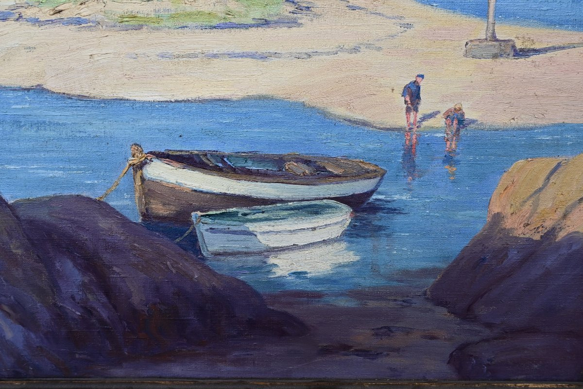 Bretagne , par Gauffriaud "barques à marée basse " huile sur toile -photo-1