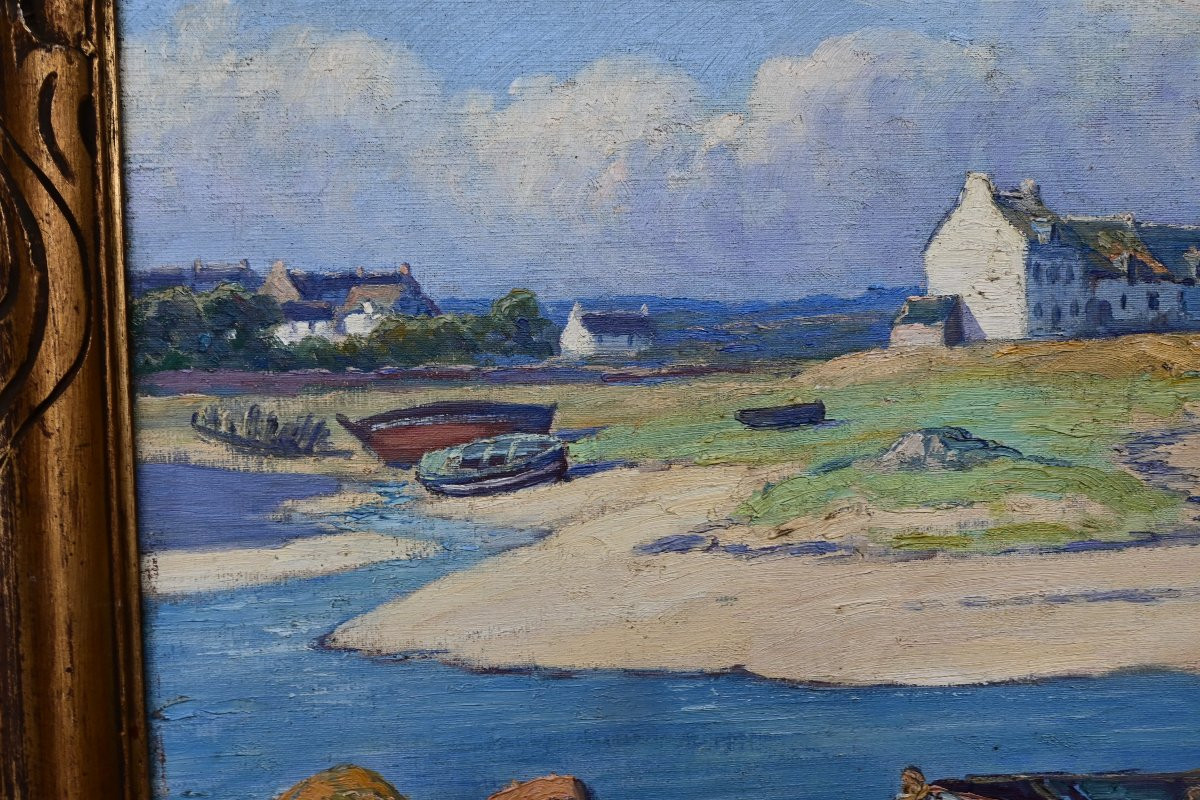 Bretagne , par Gauffriaud "barques à marée basse " huile sur toile -photo-3