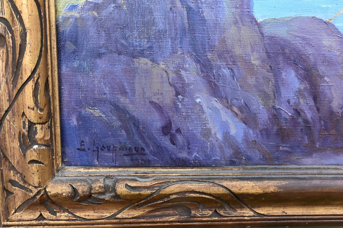 Bretagne , par Gauffriaud "barques à marée basse " huile sur toile -photo-6