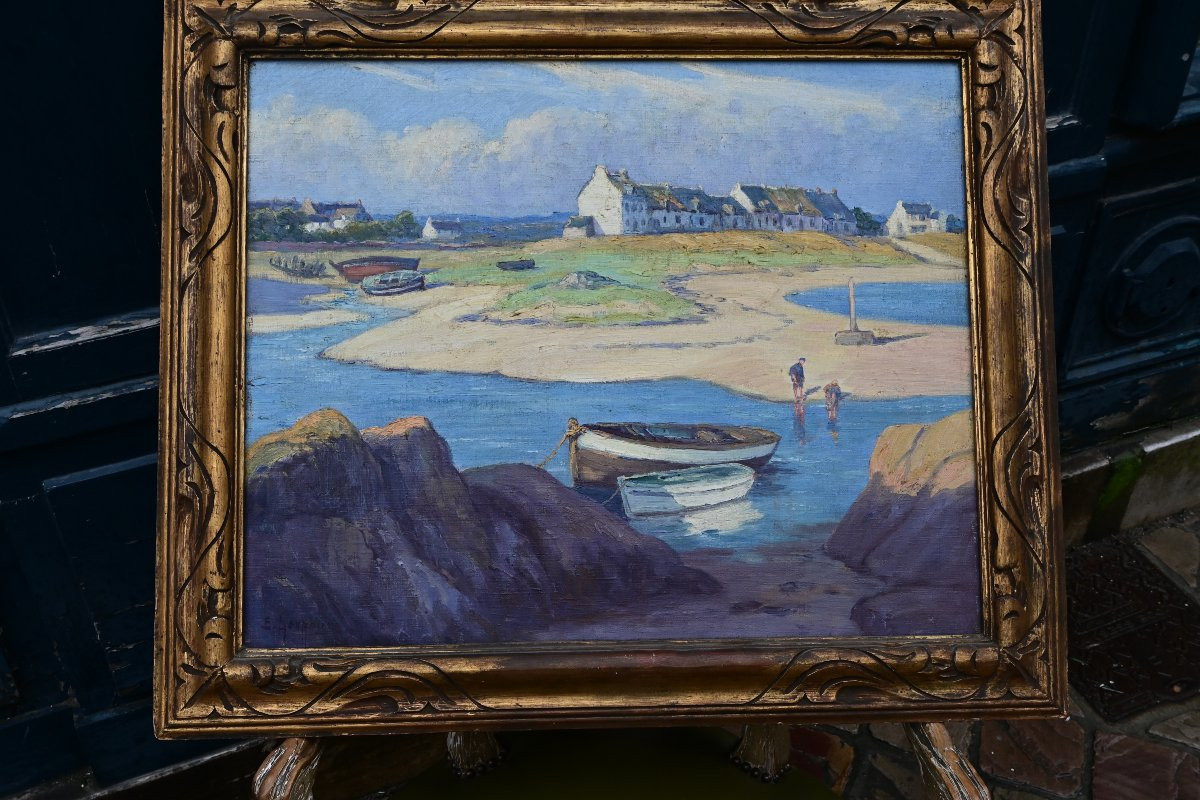 Bretagne , par Gauffriaud "barques à marée basse " huile sur toile -photo-7