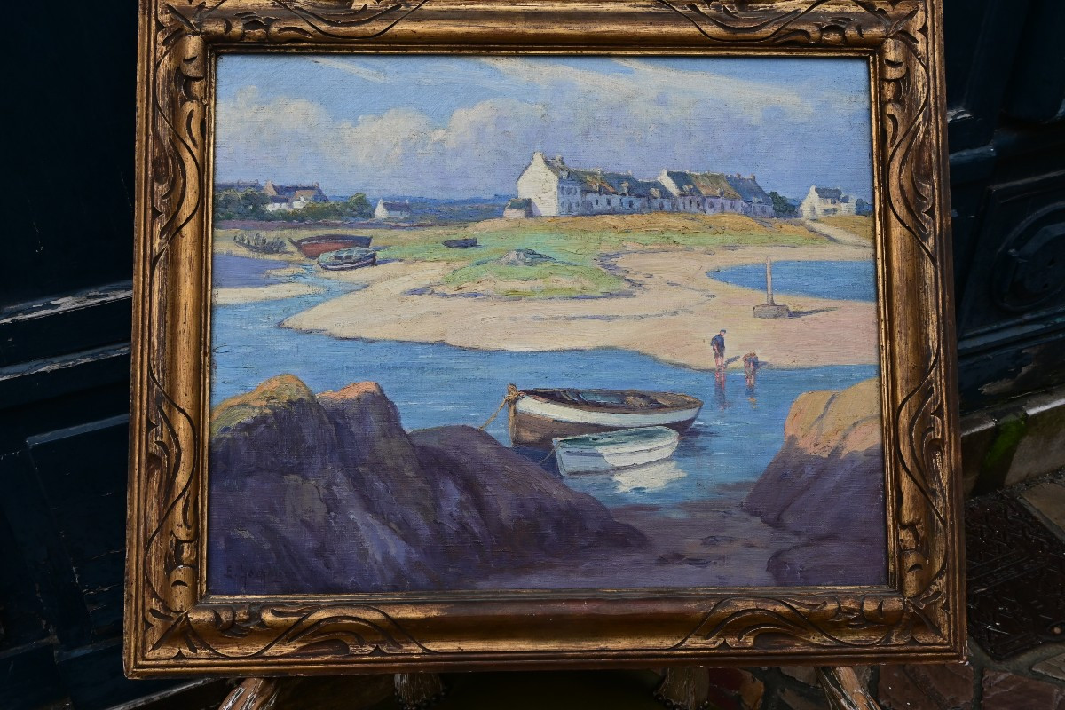 Bretagne , par Gauffriaud "barques à marée basse " huile sur toile 