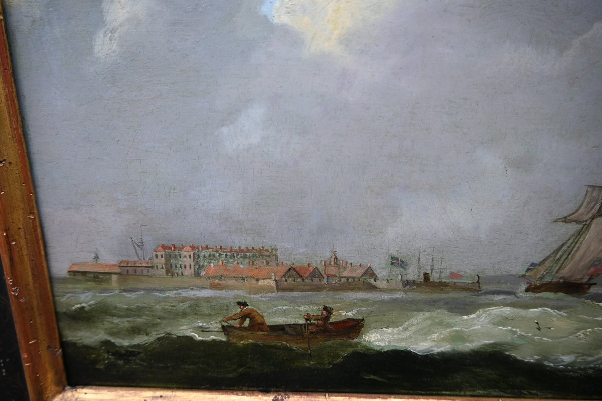 Oil On Panel, Sailboats Off A Coast, 17th-century Style-photo-4