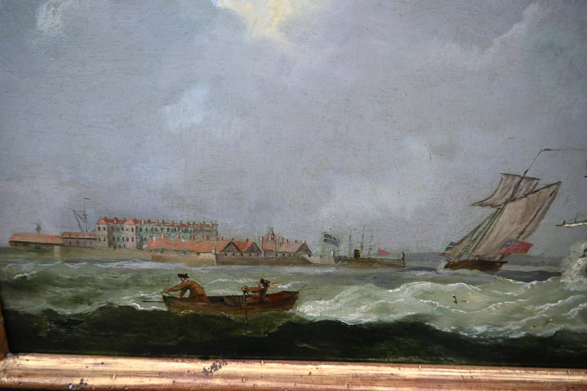 Oil On Panel, Sailboats Off A Coast, 17th-century Style-photo-6