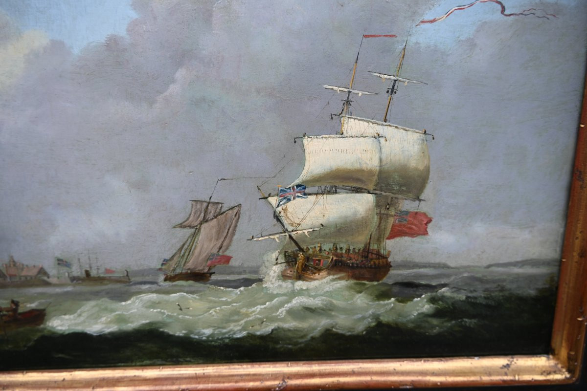 Oil On Panel, Sailboats Off A Coast, 17th-century Style-photo-7