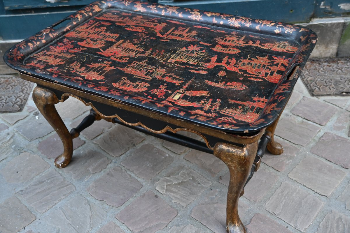 Table ornée d un plateau à fond noir dans le gout de la Chine Angleterre XIX-photo-2