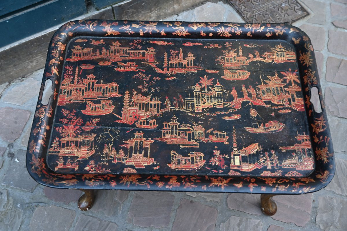 Table ornée d un plateau à fond noir dans le gout de la Chine Angleterre XIX-photo-2