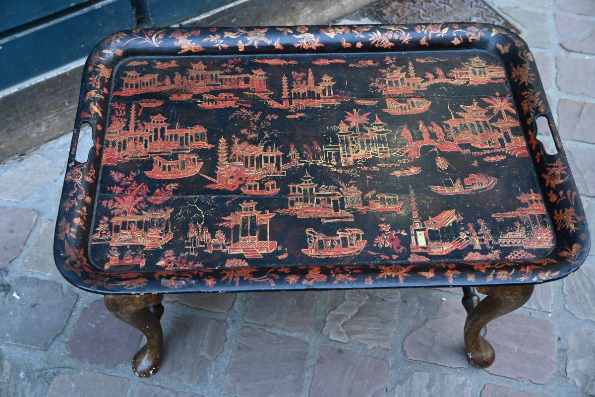 Table ornée d un plateau à fond noir dans le gout de la Chine Angleterre XIX-photo-4
