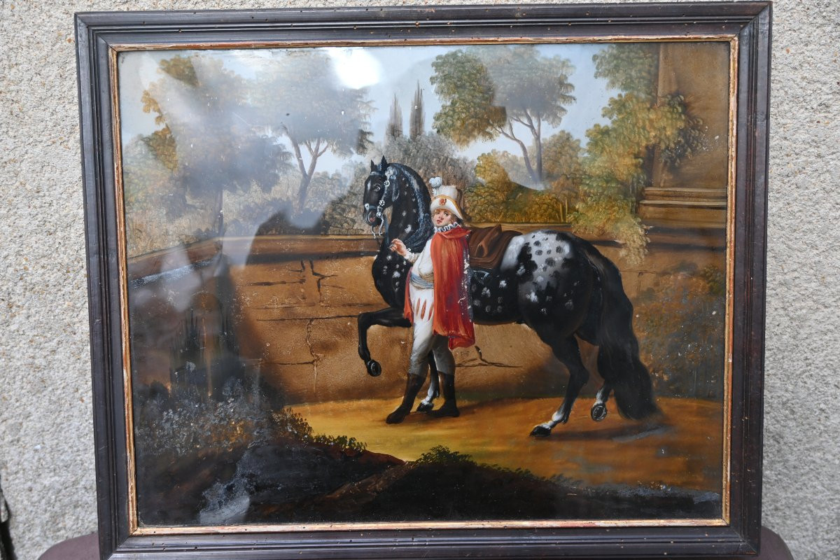 Beautifully Fixed Under Glass, Rider And His Piebald Horse -photo-2