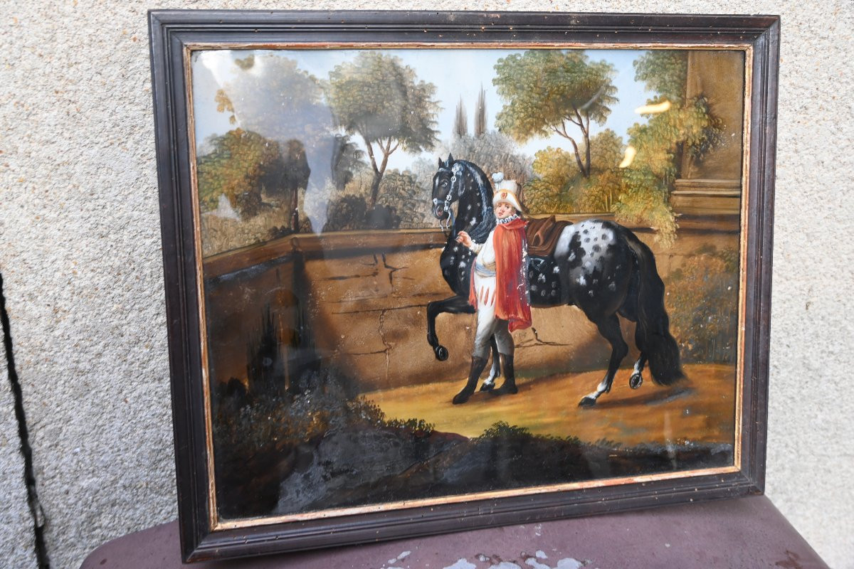 Beautifully Fixed Under Glass, Rider And His Piebald Horse -photo-4