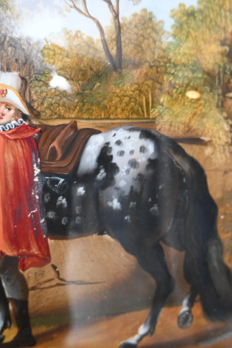 Beautifully Fixed Under Glass, Rider And His Piebald Horse -photo-2