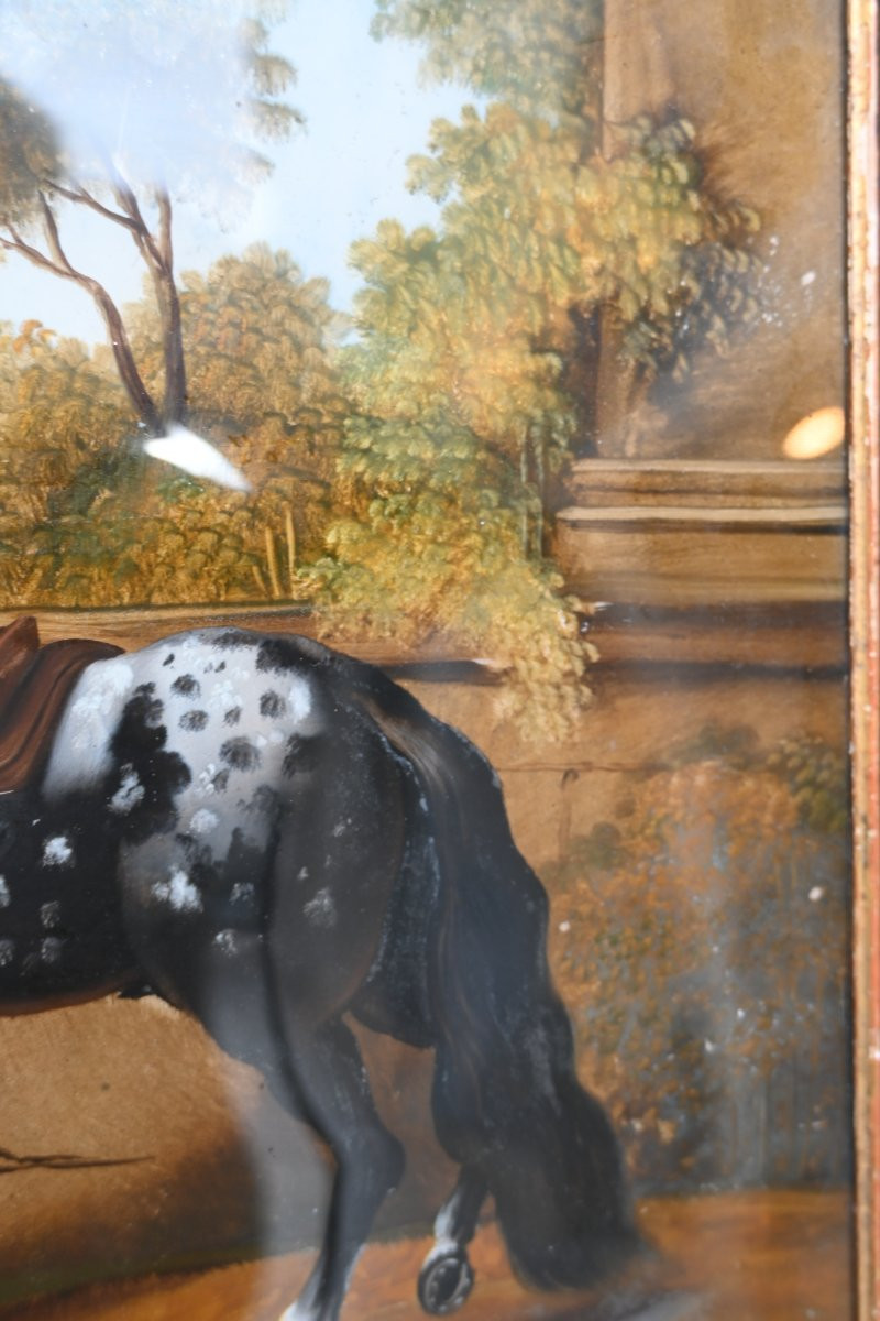 Beautifully Fixed Under Glass, Rider And His Piebald Horse -photo-3