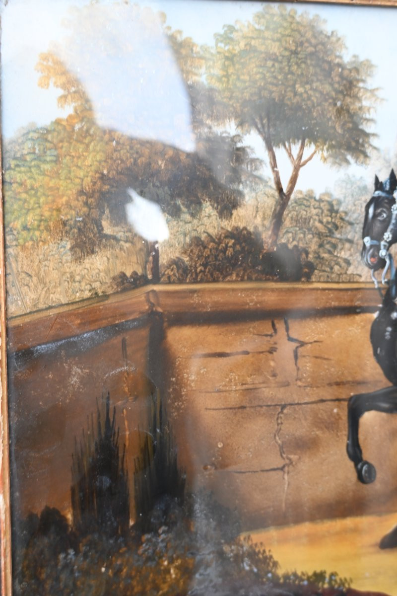 Beautifully Fixed Under Glass, Rider And His Piebald Horse -photo-4