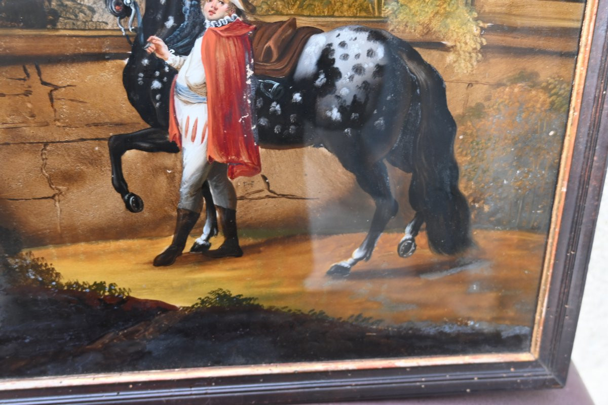 Beautifully Fixed Under Glass, Rider And His Piebald Horse -photo-7