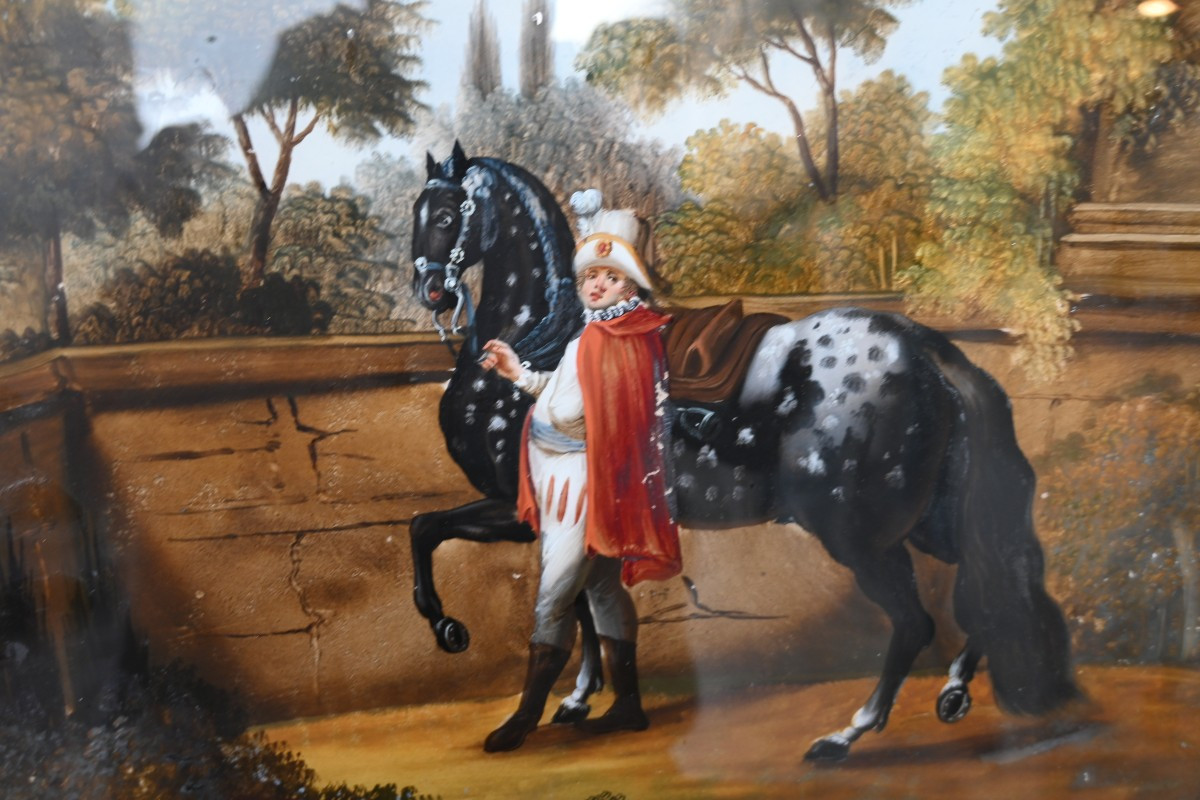 Beautifully Fixed Under Glass, Rider And His Piebald Horse 