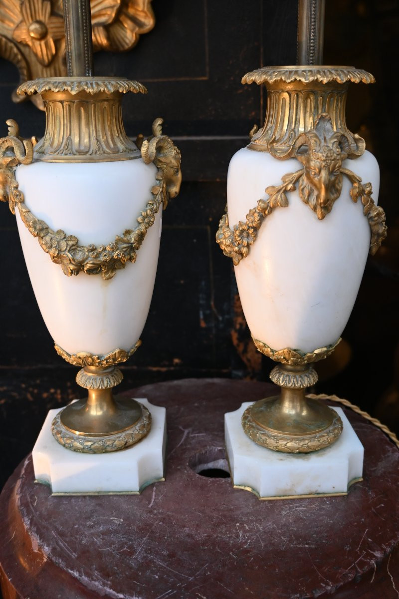 Pair Of Louis XVI Style Marble And Gilt Bronze Vases With Rams-photo-3