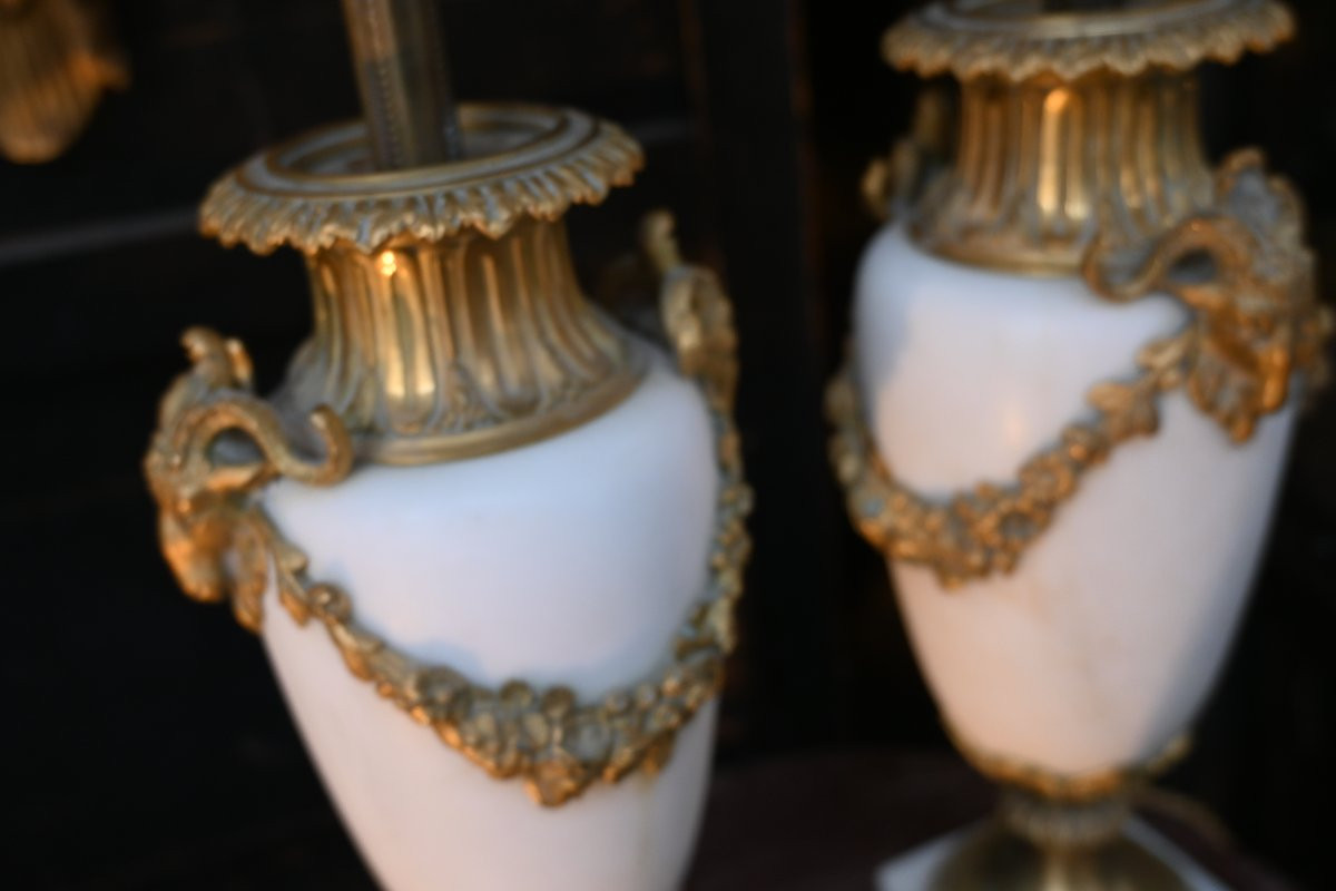 Pair Of Louis XVI Style Marble And Gilt Bronze Vases With Rams-photo-4