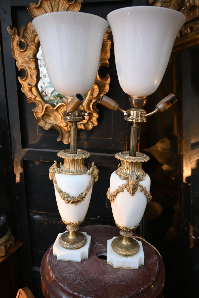 Pair Of Louis XVI Style Marble And Gilt Bronze Vases With Rams-photo-2