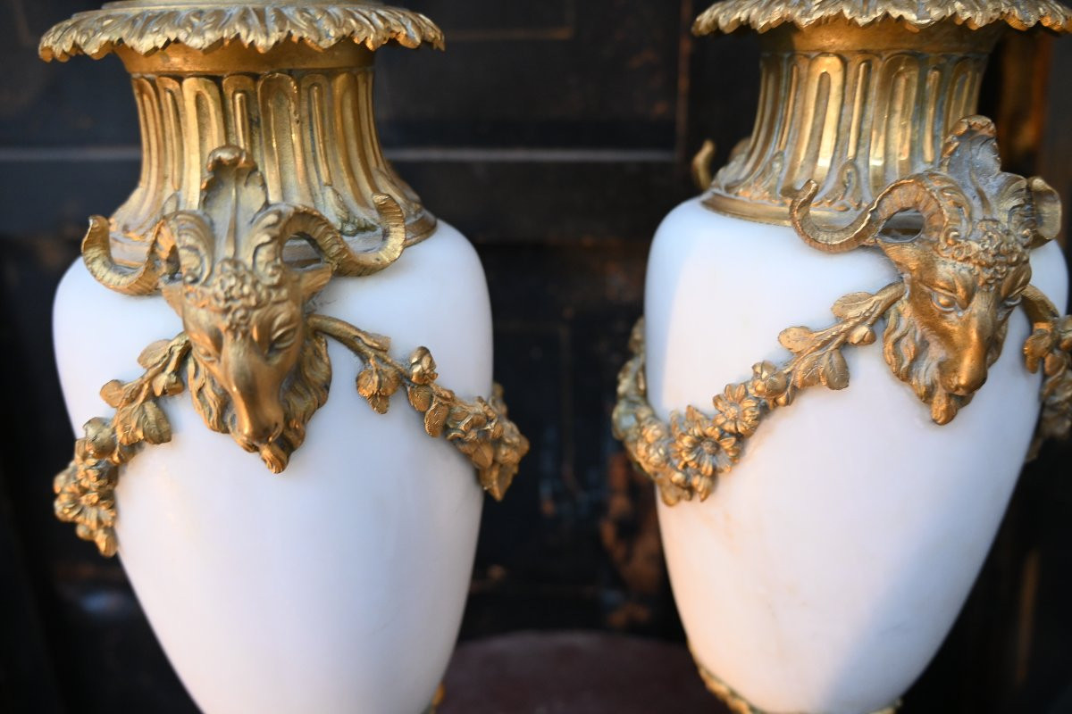 Pair Of Louis XVI Style Marble And Gilt Bronze Vases With Rams-photo-3