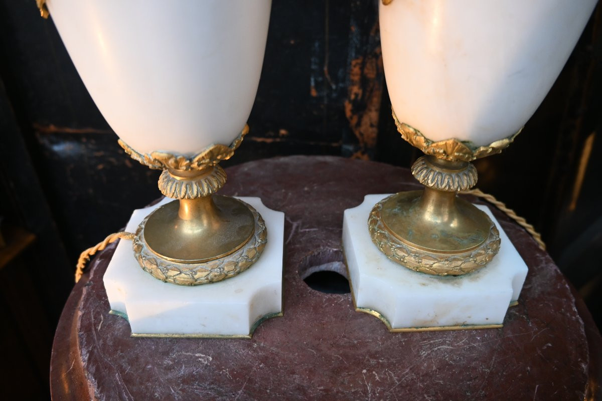 Pair Of Louis XVI Style Marble And Gilt Bronze Vases With Rams-photo-4