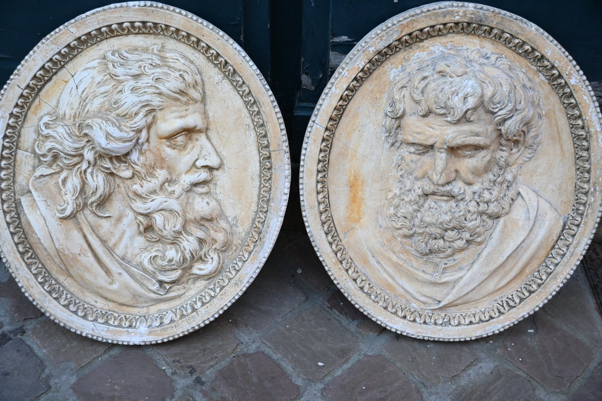 Paire de grands médaillons en plâtreprofil de philosophe XIX-photo-5
