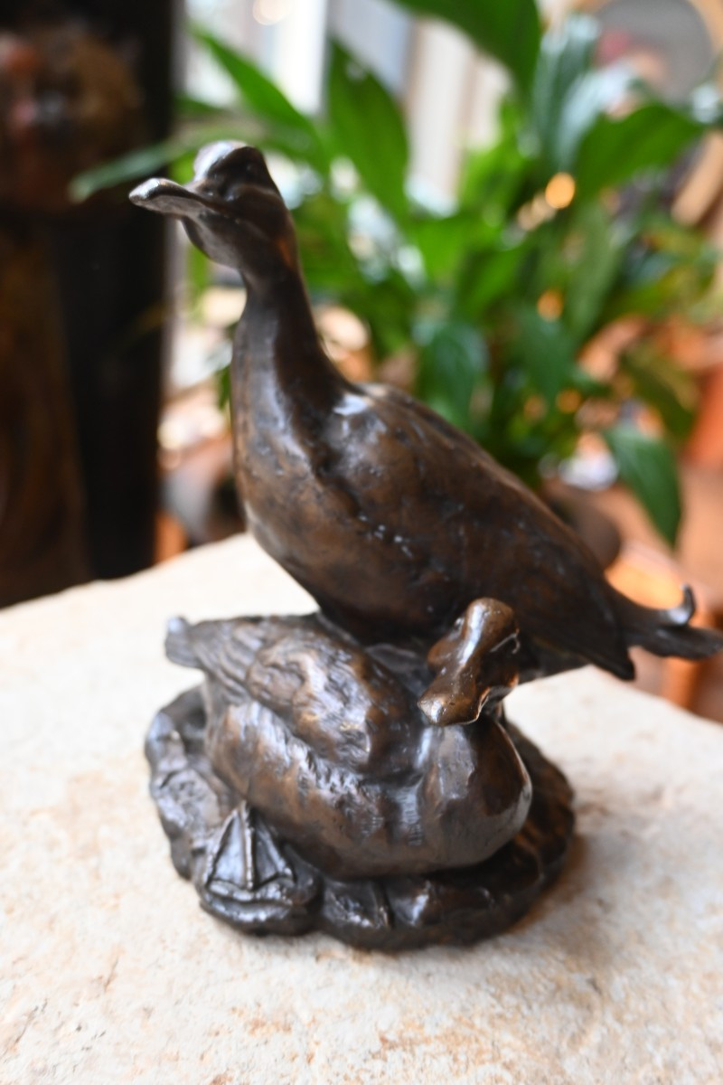 Bronze animalier canard et canne XIX