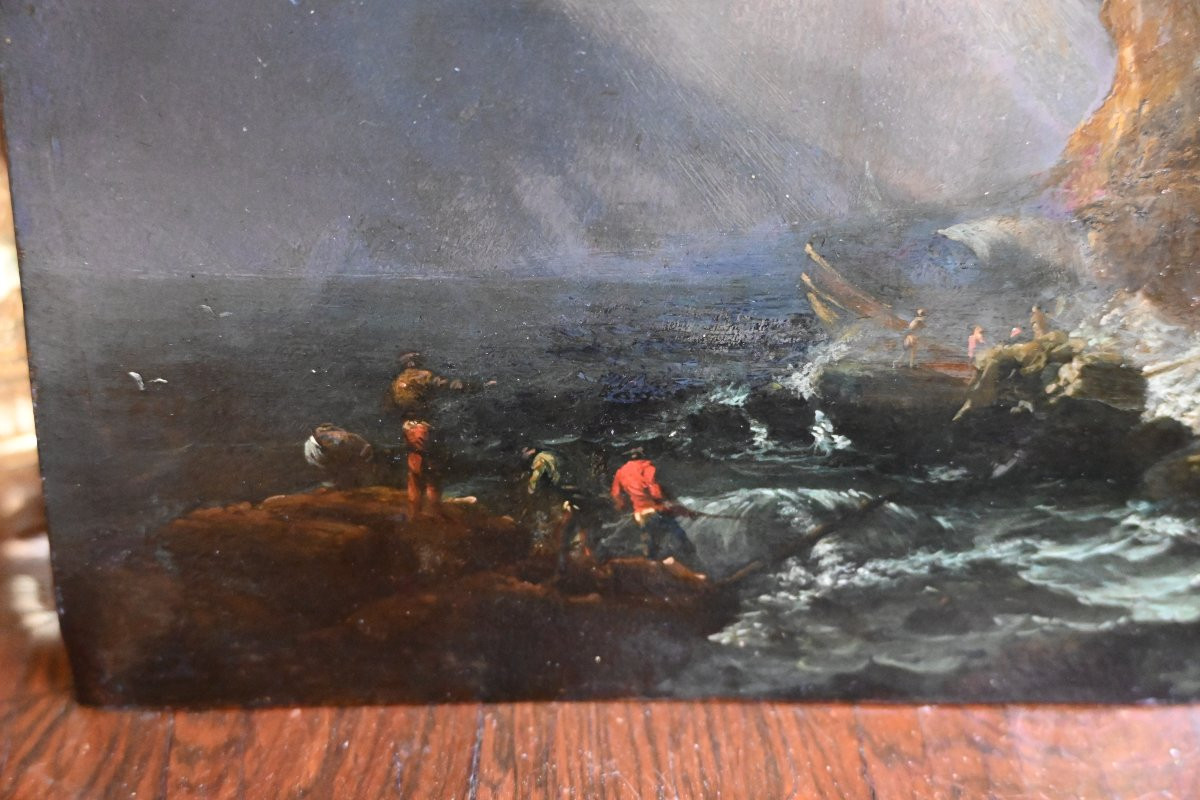 Lacroix de Marseille , suiveur de huile sur cuivre fin XVIII , tempête-photo-2